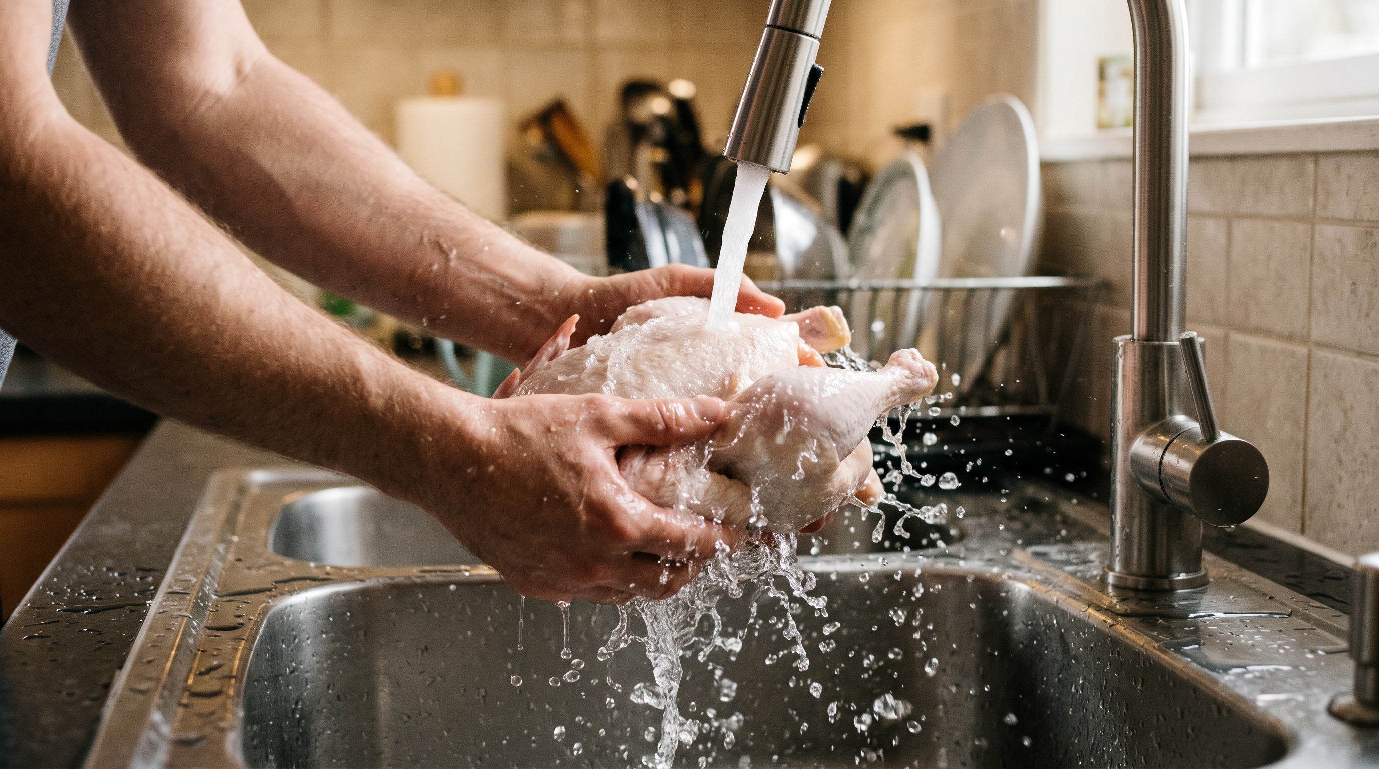 In USDA kitchen tests, rinsing raw poultry left bacteria in 60% of ...